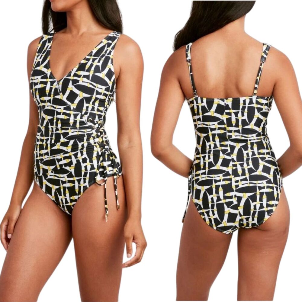 Tahari One-Piece Swimsuit Womens L Black Yellow Lace Up Grommet Detail NWT $118